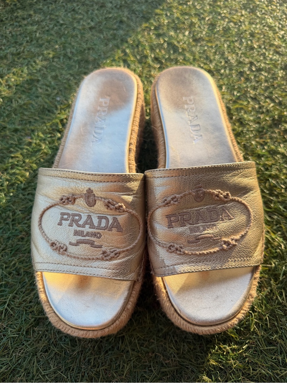 Prada Metallic Gold Slides Wedges Sandals Espadrilles - Picture 4 of 6